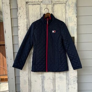 Tommy Hilfiger Dark Blue Quilted Jacket with Red Zipper (S) women's